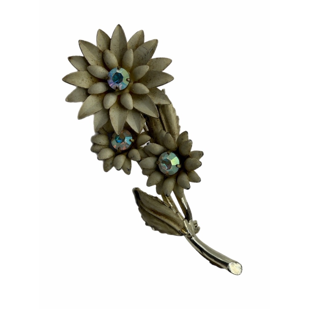 Vintage Off White Enamel Flower Brooch Aurora Borealis Rhinestone Gold Tone Pin